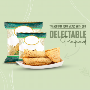 Packets of crispy Indian papad snack displayed with a serving of fried papad on a light green background.