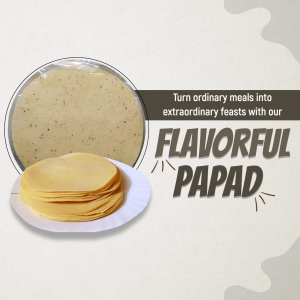 A creative marketing graphic featuring a stack of raw papad on a plate and text promoting flavorful papad