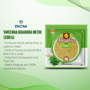 A packet of Swechha Khakhra Methi product by RCM, displayed on a light green background with key product benefits listed.