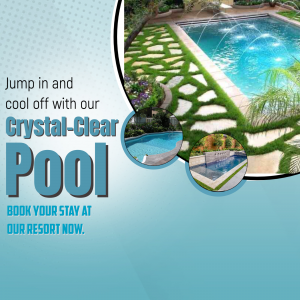 Luxury resort advertising poster featuring a crystal-clear swimming pool and lush garden surroundings