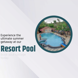 A circular view of a swimming pool at a resort with a cottage in the background