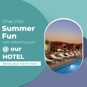 Luxury hotel pool with lounge chairs at sunset for summer vacation promotion