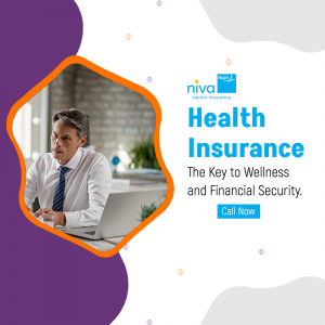 A professional man working on a laptop with Niva Health Insurance branding.