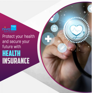 Promotional poster for Niva Health Insurance featuring a stethoscope and digital medical icons