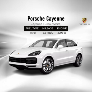 A white Porsche Cayenne Turbo displayed with technical specifications against a soft, bright studio background.