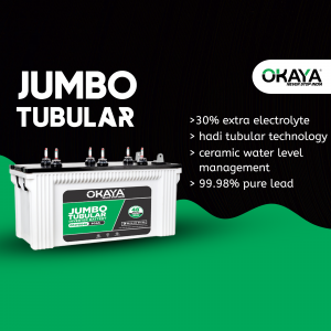 Okaya Jumbo Tubular inverter battery featuring advanced lead-acid technology on a black and green background