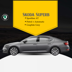 A side view of a grey Skoda Superb parked on a road with a yellow banner showing car specifications.