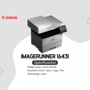 A studio shot of the Canon imageRUNNER 1643i laser printer displayed against a light grey background with product specifications listed below.