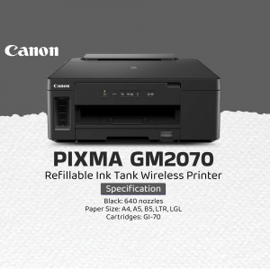 Black Canon PIXMA GM2070 refillable ink tank wireless printer with specifications