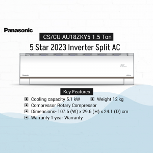 Panasonic CS/CU-AU18ZKY5 1.5 Ton 5 Star 2023 Inverter Split AC unit with key specifications listed below.