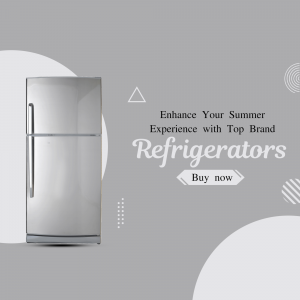 A metallic top-mount refrigerator on a light grey background with summer promotional text.