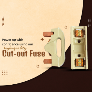 A high-quality electrical cut-out fuse unit displayed against a modern brown and cream background with promotional text.