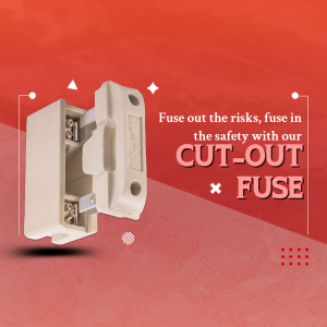 A white electrical cut-out fuse device against a red gradient background with text