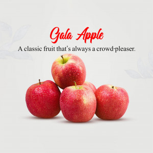 A pile of fresh red Gala apples against a light grey background with text overlays.