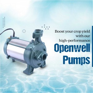 A high-performance openwell submersible pump placed against a light blue water-themed background.