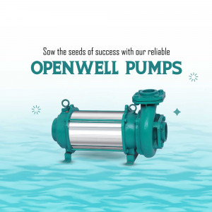 A horizontal openwell water pump with a metallic body on a stylized water background