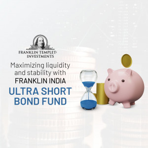 Franklin Templeton India Ultra Short Bond Fund promotional banner with piggy bank and hourglass