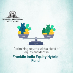 Franklin Templeton investments graphic showing a balance scale between debt and equity for their hybrid fund.