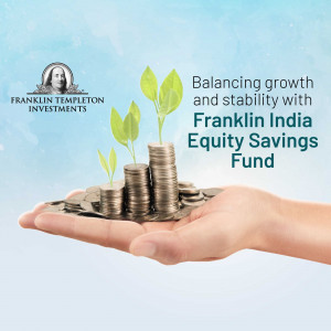 A hand holding a stack of coins with green plant sprouts growing from them against a light blue background, promoting Franklin India Equity Savings Fund.