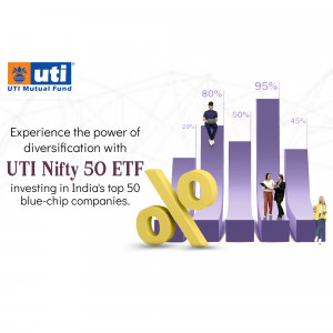 UTI Mutual Fund advertisement featuring a bar graph and a large yellow percentage sign representing Nifty 50 ETF investment