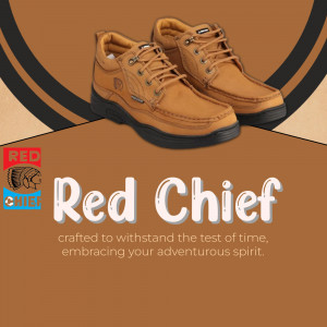 A pair of tan leather Red Chief shoes placed on a brown graphic background with brand logo