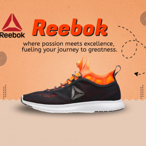 A Reebok running shoe displayed on a textured orange background with brand logo and inspirational text.