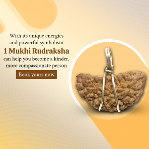 A single 1 Mukhi Rudraksha bead encased in a silver pendant with descriptive text on a golden gradient background.