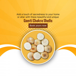 A collection of Gomti Chakra shells arranged in a circle against a yellow background, promoting them for home and altar use.