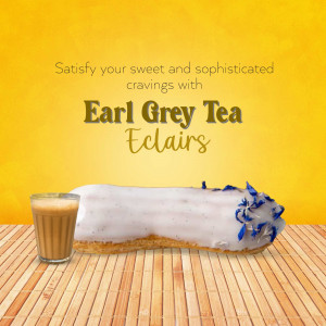 A delicious Earl Grey tea eclair with a glass of tea on a bamboo surface against a yellow background.