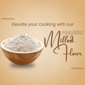 A wooden bowl filled with white premium milled flour on a textured beige background