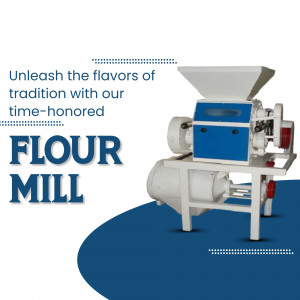 A white and blue industrial flour mill machine on a white and blue background with marketing text.