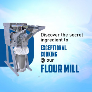 A metallic industrial flour mill machine set against a light blue abstract background with marketing text.