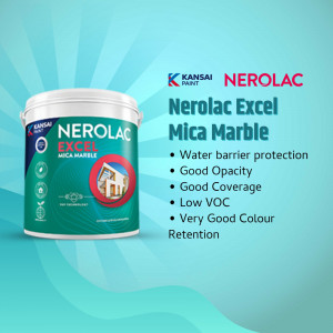 A paint bucket of Nerolac Excel Mica Marble featuring features like water barrier protection and low VOC
