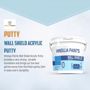 A white plastic bucket of Hinduja Paints Wall Shield Acrylic Putty against a light blue backdrop.