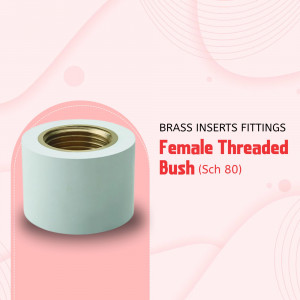 A white PVC female threaded bush with a brass insert shown against a light pink abstract background.