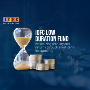 An IDFC Mutual Fund advertisement featuring an hourglass and stacks of coins against a dark blue background.