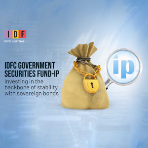 A money bag with a lock and a magnifying glass showing IP, representing IDFC Government Securities Fund-IP investment strategy.