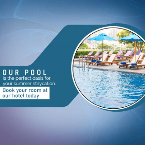 A beautiful blue swimming pool with lounge chairs and umbrellas at a luxury hotel for a summer staycation.