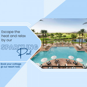A beautiful blue swimming pool at a luxury resort surrounded by palm trees and umbrellas with a call to action overlay.
