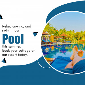 A relaxing summer scene with a person's feet resting by a resort swimming pool.
