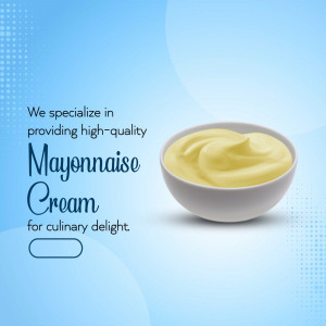 A bowl of creamy mayonnaise on a light blue background with marketing text
