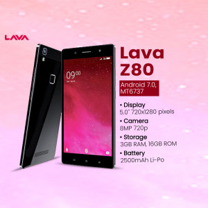 A Lava Z80 smartphone displayed against a light pink gradient background with technical specifications listed.