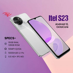 Itel S23 smartphone showcasing its sleek white design and key specifications against a purple gradient background.
