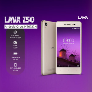 Gold colored Lava Z50 smartphone with technical specifications against a purple background
