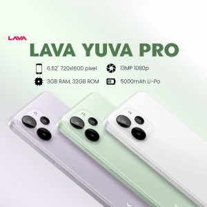 Lava Yuva Pro smartphone in lavender, mint green, and white colors with listed specifications