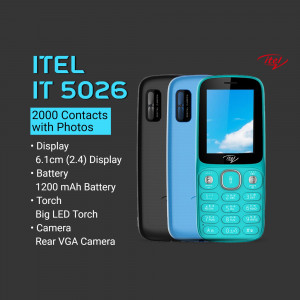 Itel IT 5026 button phone featuring display, battery, torch, and camera specs