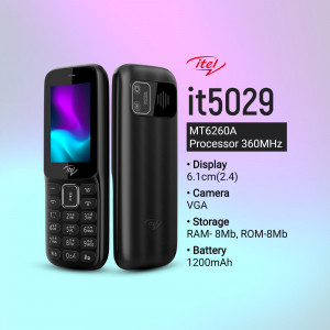 Front and back view of the black Itel it5029 feature phone on a gradient background