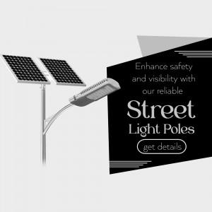 An advertisement for reliable solar powered street light poles featuring a dual-panel setup and a call to action.