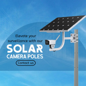 Solar powered security camera pole against a blue digital background