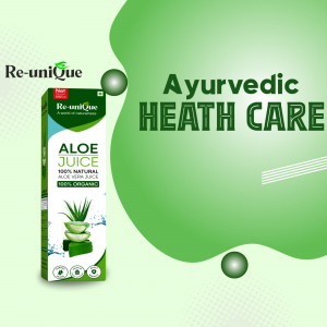 A product advertisement for Re-Unique 100% natural and organic aloe vera juice with a green aesthetic.